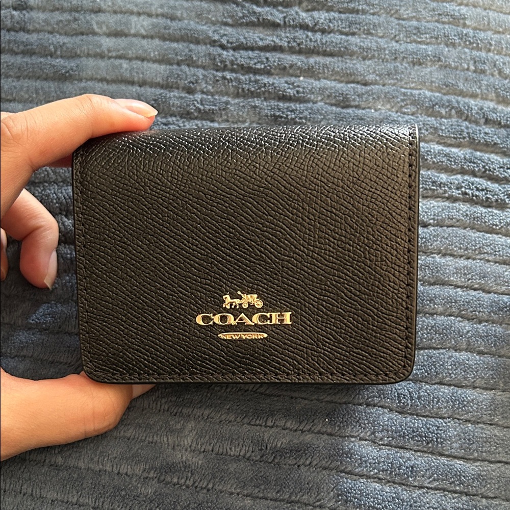 Coach Black Leather Compact Wallet with Gold Logo